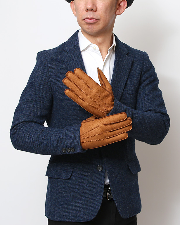 KURODA(クロダ) ペッカリー革 日本製 メンズ 革手袋 カシミヤ100％裏地 防寒 キャメル ブラウン 茶 茶色 30代 40代 50代 60代 男性 プレゼント 暖かい 高級 ブランド ギフト 化粧箱付き